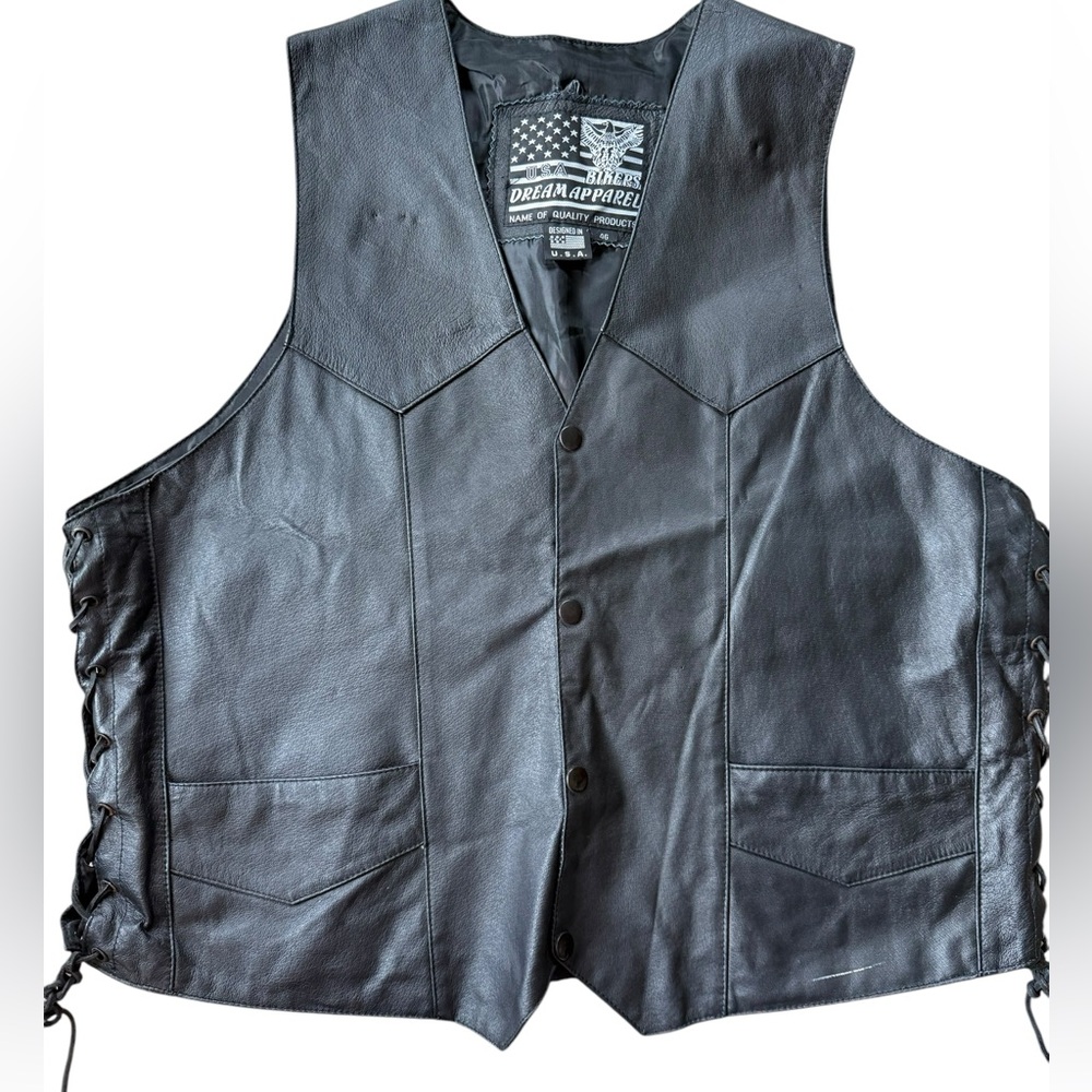 Bikers Dream Apparel Mens Sz 46 Black Leather Vest Snap Front Lace Up Sides USA